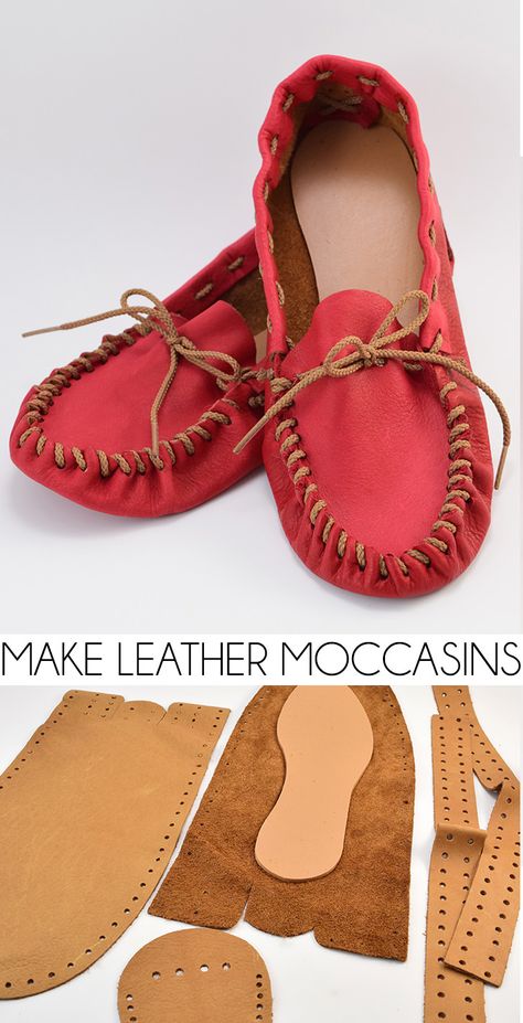 Ever wanted to make shoes? I had no idea it was so easy to make leather moccasins! Diy Moccasins, Homemade Shoes, Diy En Cuir, Moccasin Pattern, Make Shoes, Leather Kits, Diy Slippers, Trendy Sewing, Shoe Pattern