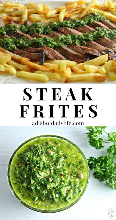 Dinner Gourmet, Chimichurri Sauce Recipe, Steak Frites, Gourmet Dinner, Recipe Dinner, Pickled Veggies, Chimichurri Sauce, Sauce Recipe, Sauce Recipes