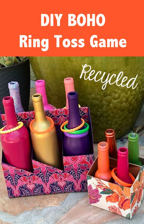 DIY Ring Toss Backyard Game made with Mod Podge and Recycled Bottles - Handmade Happy Hour Bottle Ring Toss Game Diy, Bottle Toss Game, Ring Toss Game Diy, Diy Boho Rings, Bottle Ring Toss, Diy Ring Toss Game, Toss Game Diy, Diy Ring Toss, Daycare Games