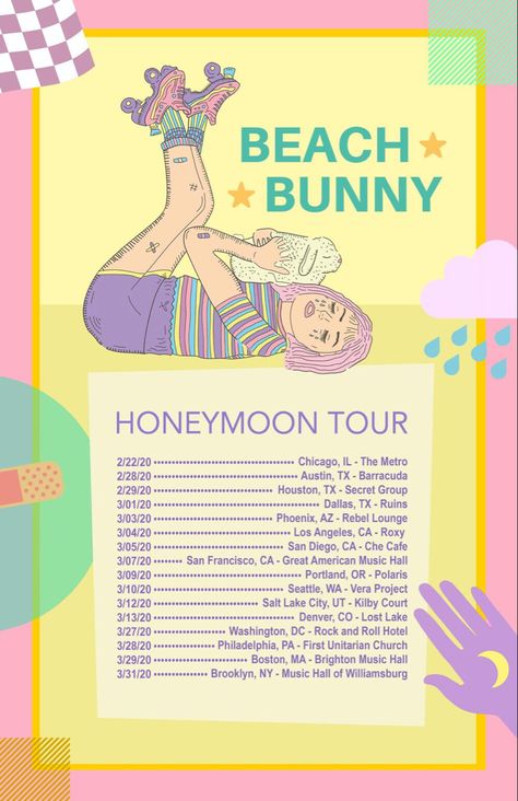 Beach Bunny Poster Prints, Bunny Poster, Vintage Music Posters, Honeymoon Tour, Beach Bunny, Vintage Music, Music Poster, Rock And Roll, Poster Prints