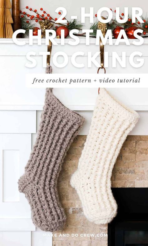 Discover how to crochet a stylish Christmas stocking with this free pattern from Make and Do Crew. This beginner-friendly project uses chunky yarn for an Xmas design you can finish in just 2 hours. Because it's so fast, you can make matching family stockings for everyone in your home! Visit the blog to get the free crochet stocking pattern and follow along with the photo and video tutorial. - Free Christmas Crochet Patterns - Christmas Crochet Ideas Knit Mini Stocking Free Pattern, Crochet Christmas Stockings Granny Square, Crocheting Christmas Stocking, How To Crochet A Stocking For Beginners, Diy Stocking Crochet, How To Knit A Stocking For Beginners, Crochet Cat Stocking Pattern Free, 2 Skeins Crochet Projects, Easy Crochet Christmas Stocking Pattern