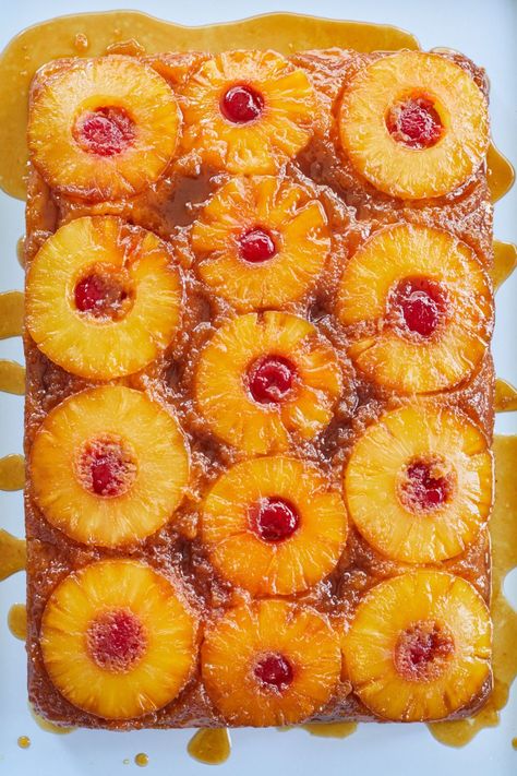 The cherries are an iconic part of this gorgeous cake recipe. Pineapple Upside Down Cake Recipe, Upside Down Cake Recipe, Baked Pineapple, Resipi Kek, Bigger Bolder Baking, Baking Cookbooks, Pineapple Recipes, Cake Recipes From Scratch, Pineapple Upside