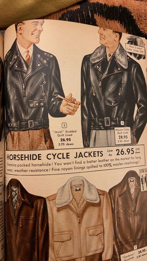 Leather Jacket Illustration, 50s Outfits Men, 50s Mens Fashion, Mens Evening Wear, Motif Soutache, Norfolk Jacket, 1950s Mens Fashion, Motorcycle Wear, Leather Jacket Outfit Men