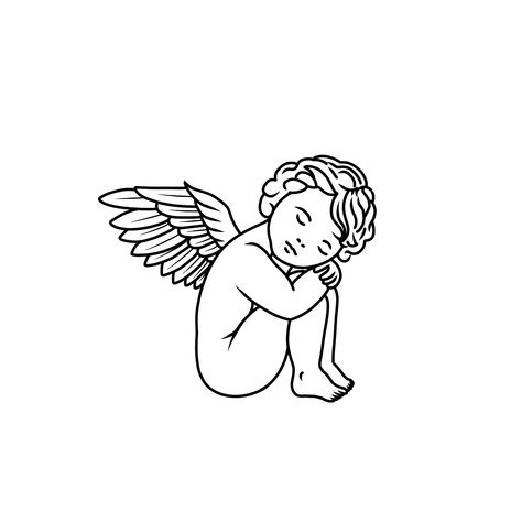 Sitting Angel Tattoo, Gaurdian Angel Tattoo, Line Angel Tattoo, Angel Baby Statue, Easy Tattoos To Draw, Baby Angel Tattoo, Luna Tattoo, Cupid Tattoo, Cherub Tattoo