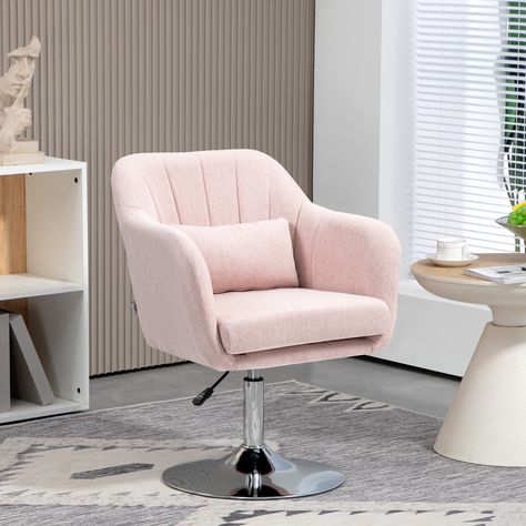 Make those all-important relaxation times at home better than ever before, thanks to this on-trend swivel lounge chair from HOMCOM. The seat is formed into a retro tub design, which provides plenty of room to sit, with a supportive back and armrests for body support. Filled with sponge for comfort, the bedroom chair is wrapped in linen-feel fabric for a smooth feel and easy maintenance and comes with a seat cushion and small back cushion to finish.Features:Retro and timeless design brings style Pink Chair For Bedroom, Cute Vanity Chairs, Vanity Chair Ideas, Pink Chair For Vanity, Pink Fluffy Desk Chair, Pink Fluffy Vanity Chair, Pink Tuffted Chair, Pink Vanity, Kids Sofa