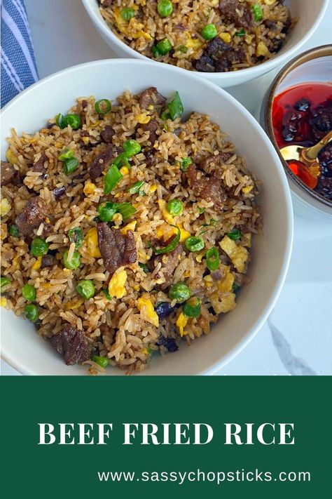 Beef Fried Rice Recipe With Egg, Easy Steak Fried Rice, Beef Fried Rice With Egg, Skirt Steak Fried Rice, Steak Fried Rice Recipe, Rice Dinner Ideas, Fried Rice Aesthetic, Egg Fried Rice Recipe Easy, Tray Meals