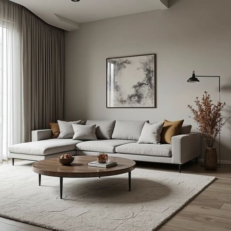 Browns And Grey Living Room, Grey Sofa Living Room Ideas Modern, Light Gray Sofa Living Room Decor, Modern Grey Sofa Living Room, Greige Living Room, Grey And Brown Living Room, Color Palette Interior Design, Modern White Living Room, Modern Grey Sofa