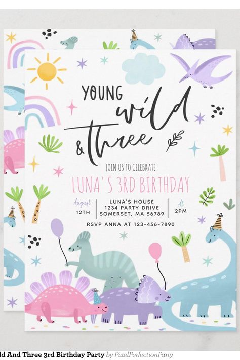 Dinosaur Young Wild And Three 3rd Birthday Party Invitation Dinosaur 2nd Birthday Party, Dinosaur 2nd Birthday, Two Wild, Dinosaur Birthday Invitations, 2nd Birthday Party, 2nd Birthday Invitations, 3rd Birthday Parties, Dinosaur Birthday, 2nd Birthday Parties