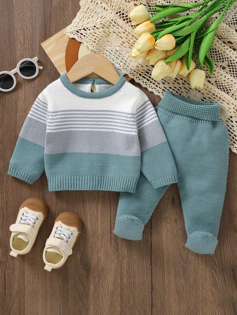 Baby Boy Colorblock Striped Sweater & Knit Pants Green     Striped Pants Medium Stretch  Baby Boys Clothing, size features are:Bust: ,Length: ,Sleeve Length: Baby Boy Knitting Patterns Free, Kids Sweater Pattern, Boys Knitting Patterns Free, Boys Knit Sweaters, Kids Knitting Patterns, Baby Boy Sweater, Baby Boy Knitting Patterns, Pull Bebe