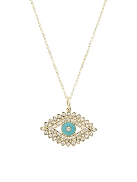 "Find SYDNEY EVAN Overboard 14k Turquoise & 0.23 Tcw Diamond Evil Eye Pendant Necklace on Editorialist. From the Overboard Collection. Crafted of 14K yellow gold, Sydney Evan's necklace features an evil eye pendant accented with glittering round diamonds and a vibrant turquoise inlay. Diamonds, 0.23 tcw Diamond color grade: H-I Diamond clarity grade: SI2 Turquoise, 0.17 tcw 14K yellow gold Lobster clasp Imported SIZE Chain: adjustable 16-18\"L. Sydney Evan. Color: Yellow Gold." Eye Pendant Necklace, Diamond Evil Eye, Diamond Color Grade, Sydney Evan, Eye Pendant, Evil Eye Pendant, Diamond Clarity, Evil Eye, Colored Diamonds