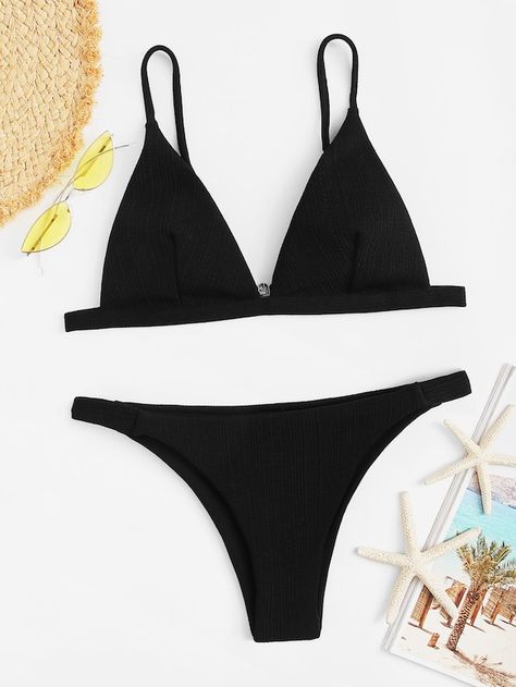 Ribbed Triangle Top With Tanga Bikini -SHEIN(SHEINSIDE) Bathing Suit Shein, Swimsuits Outfits, Vintage Swimsuits, Cute Bathing Suits, Swim Suits, Summer Bikinis, Cute Swimsuits, Cute Bikinis, Triangle Top