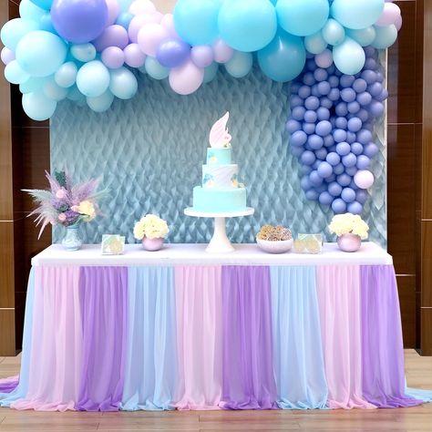 Mermaid Candy Table, Mermaid Theme Birthday Party Decorations, Mermaid First Birthday Party, Frozen Baby Shower, Under The Sea Party Decorations, Mermaid Birthday Party Food, Tulle Table Skirt, Tulle Table, Under The Sea Birthday Party