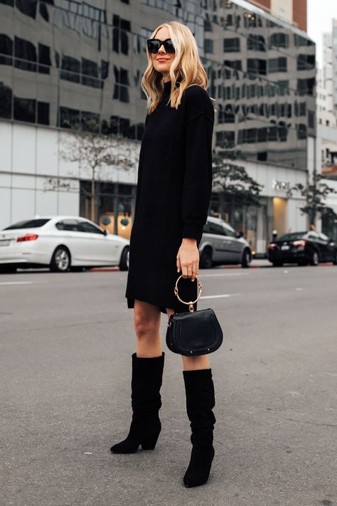 Slouchy Black Boots Outfit, How To Wear Slouchy Boots, Slouchy Suede Boots Outfit, Black Slouchy Boots Outfit, Black Sweater Dress Outfit With Boots, Black Boots Outfit Knee High, Black Boots With Dress, Black Suede Boots Outfit, Boots To Wear With Dresses