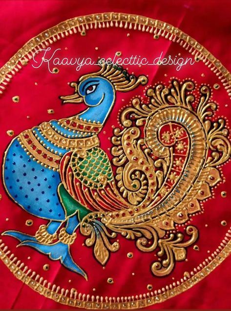 Tanjore style fabric painting Tanjoor Painting On Blouses, Tanjore Painting On Blouses, Tanjoor Painting, Painting Blouses, Kettle Art, Madhubani Motifs, Blouse Painting, Fabric Colour Painting, Tanjore Art