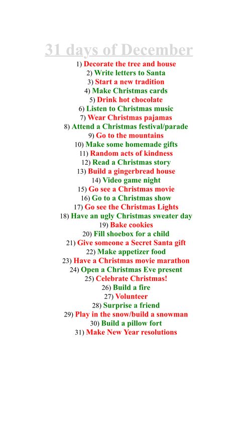 December Christmas Month, 25 Days Of December, Things To Do Each Day Of December, December Vlog Ideas, December List Of Things To Do, December Bucket List Ideas, Month Of December Activities, Things To Do Every Day Of December, Xmas To Do List