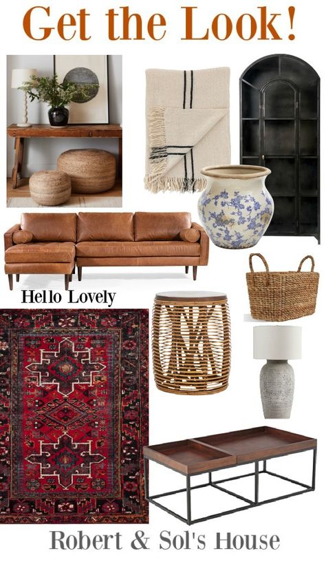 Robert and Sol's House: Get the Look! [Living Room] - Hello Lovely Leather And Rattan Living Room, Brown Leather Couches Living Room Decor, Brown And Cream Living Room, Leather Couch Living Room Decor, Brown Leather Couch Living Room, Cognac Leather Sofa, Grace And Frankie, Wood Coffee Table Rustic, Leather Couches Living Room