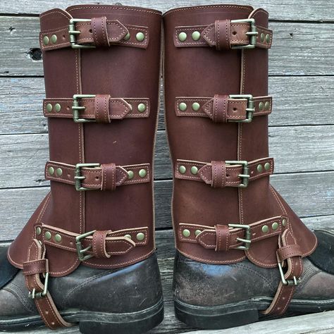 These are made using vintage Swiss military gaiters as a pattern except we make these slightly taller, 11" instead of 9" & slightly bigger around. We used a midweight, semi-gloss brown leather and antiqued brass hardware. Straps are leather lined to give them weight & stability Photos are of pair 1 and representative of pair 2. **Please note I get a number of questions regarding sizing on these spats. Measurements have more to do with calf girth & how much you will be wearing underneath the spats (ie bulky boots & trousers) than actual shoe size. In the photos, you should be able to see about where the bottom strap hits, just below ankle. Beginning there, that being the 1st measurement, take 4 measurements going up calf, at approx 2 3/4" intervals.  Be certain to measure over boots & trous Bulky Boots, Ladys Shoes, Leather Gaiters, Swiss Military, Antique Brass Hardware, Military Style, Military Fashion, Brass Hardware, Strap Heels