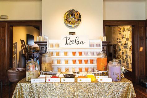 Boba Bridal Party, Bubble Tea Stand Wedding, Boba Stand Wedding, Boba Tea Wedding, Build Your Own Boba Bar, Bubble Tea Wedding Bar, Boba Station Wedding, Boba Bar Station Diy, Boba Station Party