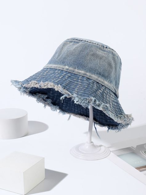 Blue Casual   Denim  Bucket Hat Embellished   Women Accessories Upcycle Denim Jeans, Jean Bucket Hat, Pola Topi, Bucket Hat Fashion, Bucket Hat Pattern, Jean Hat, Diy Hair Scrunchies, Sewing Hats, Old Clothes Refashion