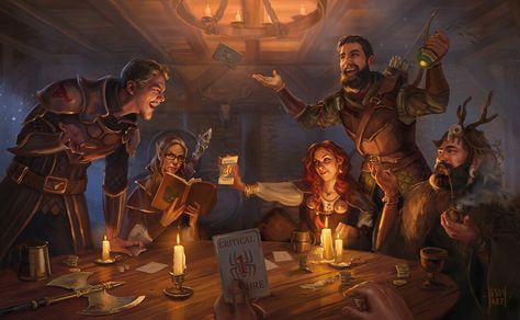 Poker Night at the Stonehill Inn, Iga "Igson" Oliwiak on ArtStation at https://www.artstation.com/artwork/OylKBv Dnd Group Art Tavern, Tavern Party Fantasy Art, Dnd Inn Art, Tavern Pose Reference, Tavern Reference, D&d Tavern, Tavern Fantasy Art, Fantasy Tavern Art, Dungeons And Dragons Tavern