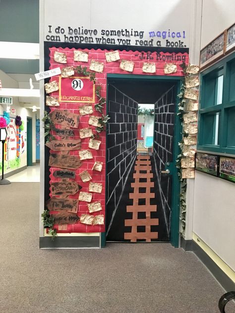 Read-A-Thon door! #harrypotter #6thgrade #platform9and3/4 Classe Harry Potter, Read A Thon, School Door Decorations, Harry Potter Classroom, Library Book Displays, For School, Festa Harry Potter, School Doors, Teacher Doors