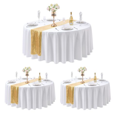 PRICES MAY VARY. WHAT IN YOUR PACKAGE: You will get 3 pack 108inch white tablecloth and 3 pack 12x108inch sequin gold table runner. mantel blanco y camino de mesa dorado con lentejuelas. 180 GSM HIQH QUALITY TABLE CLOTH: Our tablecloth is made of 180 GSM premium polyester material, which is wrinkle free for your table. SIZE GUIDE: Pic 3 we provide briefly describes how the tablecloth looks on different tables, you can refer to it to choose the appropriate size for purchase. PROTECT YOUR TABLE: S White Table Cloth With Gold Overlay, White Table Cloth With Gold Runner, Runner Round Table, Table Runner Round Table, White Round Tablecloths, Gold Sequin Table Runner, Simple Table Decorations, Gold Runner, Gold Table Runners