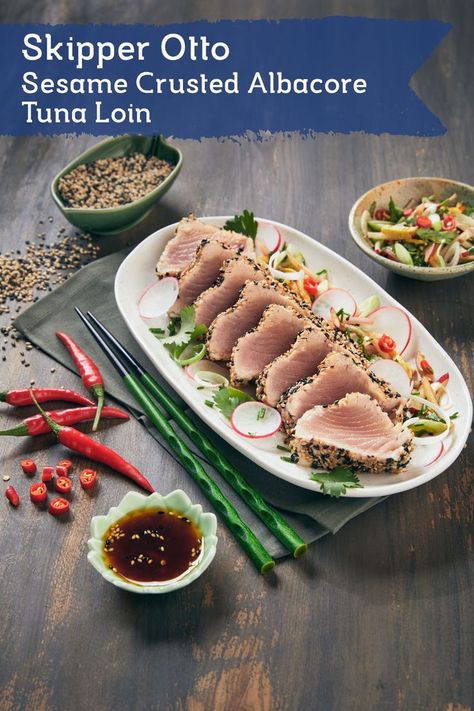 Skipper Otto Sesame Crusted Albacore Tuna Loin Tuna Loin Recipe Baked, Fresh Tuna Loin Recipes, Albacore Tuna Loin Recipes, Fresh Albacore Tuna Recipes, Tuna Loin Recipe, Seared Albacore Tuna, Albacore Tuna Recipes, Fresh Tuna Recipes, Sesame Crusted Tuna