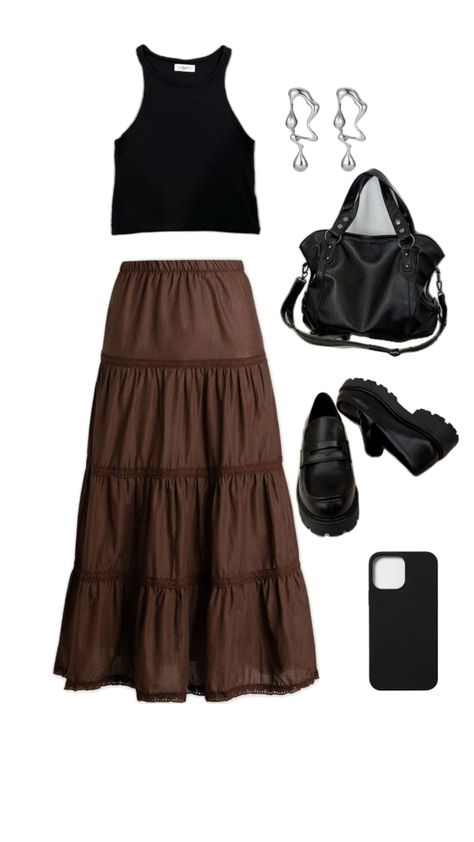 Dark Brown Long Skirt Outfit, Dark Brown Skirt Outfit, Brown Long Skirt Outfit, Brown Long Skirt, Long Skirt Outfit, Long Brown Skirt, Long Skirt Outfits, Outfit Collage, Skirt Outfit