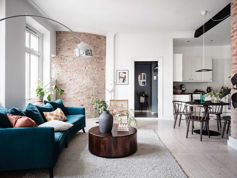 A Scandinavian Apartment with Exposed Brick Wall - The Nordroom 70s Bedroom Decor, 70s Bedroom, Scandinavian Apartment, Living Room Trends, Living Room Organization, Exposed Brick Walls, Simple Living Room, Dream House Rooms, Rustic Living Room