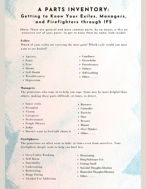 Get to know some common Exiles, Managers, and Firefighters with a parts inventory. Identify your parts, and thread together how these parts may interact with one another. Ifs Parts Mapping Worksheet, Ifs Parts Mapping, Parts Work Therapy, Parts Therapy, Ifs Parts, Group Therapy Activities, Parts Work, Internal Family Systems, Mental Health Therapy