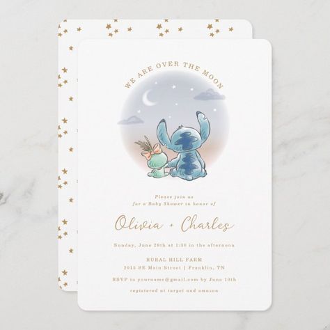 Stitch Baby Shower Invitations, Disney Baby Shower Ideas For Boys, Disney Baby Shower Invitations, Stitch Baby Shower Theme, Disney Themed Baby Shower Ideas, Baby Shower Gift Favors, Moon Baby Shower Invitation, Stitch Birthday, Blue Baby Shower Invitations