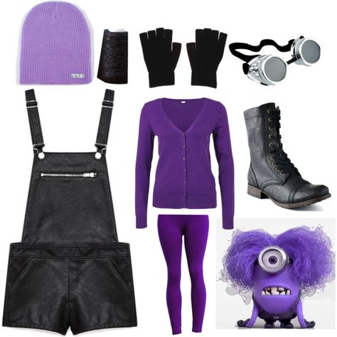 Diy Minion Costumes For Women, Purple Minions Costume, Purple Costume, Purple Minion Costume Diy Women, Minons Outfit Costume Ideas, Evil Minion Costume Diy, Purple Minion Costume Diy, Purple Minion Halloween Costume, Minion Costumes Women's