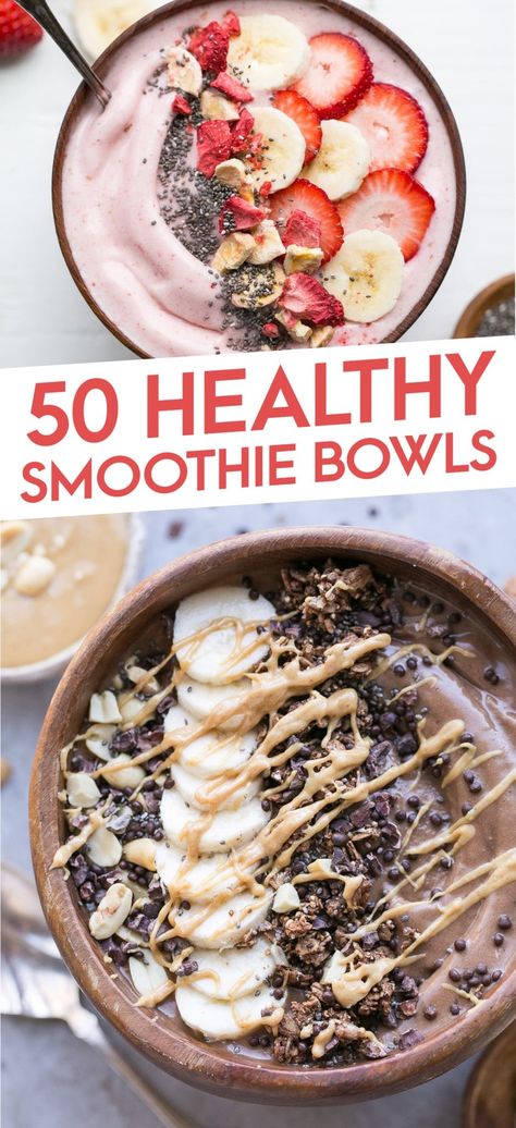 This Smoothie Bowl Recipe Roundup brings together 50+ of the best Smoothie Bowl Recipes! Everything from chocolate peanut butter smoothie bowls, to pitaya bowls, and acai bowls! Healthy Acai Bowl Recipe, Açaí Bowl Recipe, Best Smoothie Bowl Recipe, Smoothie Bowl Recipe Easy, Best Acai Bowl Recipe, Pitaya Bowl Recipe, Protein Bowl Recipes, Chocolate Peanut Butter Smoothie Bowl, Healthy Smoothie Bowls