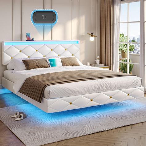 Leather Upholstered Headboard, Bed Frame With Led Lights, Bed Base Frame, Tufted Platform Bed, Floating Bed Frame, Led Bed Frame, Modern Platform Bed, King Platform Bed, Floating Bed