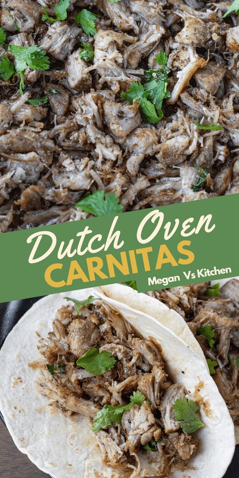 Dutch Oven Carnitas are tender, crispy, and easy to make. It’s as simple as adding all the ingredients to one pot, baking the pork in the oven for a couple of hours, then crisping it up in a pan. You can use carnitas for tacos, quesadillas, burritos, a rice bowl or nachos! Carnitas Dutch Oven, Beef Carnitas Dutch Oven, Pork Shoulder Crock Pot Carnitas, Aldi Carnitas Pork Shoulder, Pork Shoulder Carnitas Oven, Beef Carnitas, Boneless Pork Shoulder, Carnitas Recipe, Pork Carnitas