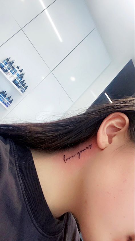 Love Yourz J Cole Tattoo Red, Love Yourz J Cole Tattoo Neck, Love Yourz J Cole Tattoo Behind Ear, 4 Your Eyes Only J Cole Tattoo, Love Yourz J Cole Tattoo Cursive, Neck Tattoo Fine Line, Word Neck Tattoos Women, Cursive Neck Tattoo, Word Neck Tattoos