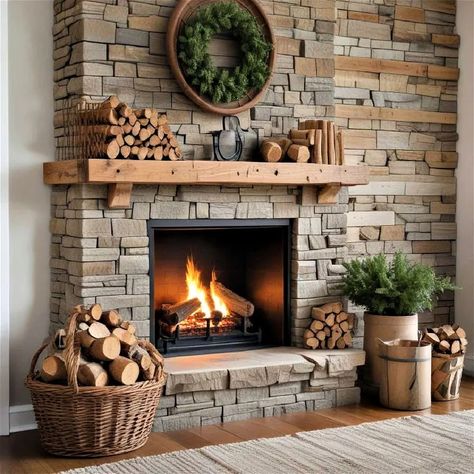 25 Farmhouse Fireplace Ideas for a Timeless Look Fireplace Cottage Style, Rustic Gas Fireplace Ideas, Off Centered Fireplace Ideas, River Rock Fireplace Makeover, Large Rock Fireplace, Rustic Fireplaces Farmhouse Style, Chimney Wall Ideas, Farmhouse Living Room With Fireplace, Stone Fireplace Mantle