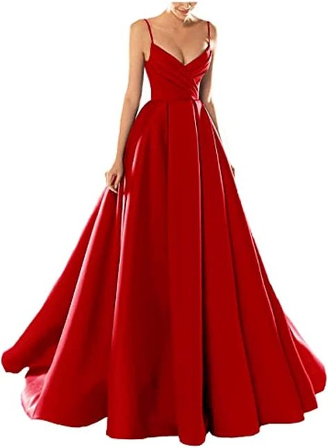 Long Evening Dress,Sexy V-Neck Spaghetti Strap Satin Evening Dress,Formal Long Evening Party Dress Satin Prom Dress Long, Prom Dresses With Pockets, Spaghetti Strap Prom Dress, Satin Evening Dresses, Red Evening Dress, Empire Dress, Dress Spaghetti, Evening Dresses Elegant, Cocktail Party Dress