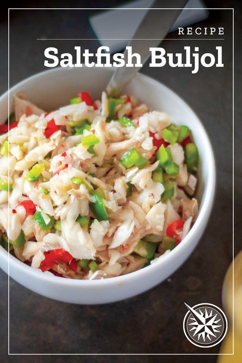 Make this great sailfish buljol recipe for an easy taste of the Caribbean! Salt Fish Buljol, Saltfish Recipes Caribbean, Buljol Recipe, Christmas Munchies, Trini Recipes, Caribbean Kitchen, Trinidad Food, Johnny Cakes, Caribbean Dishes