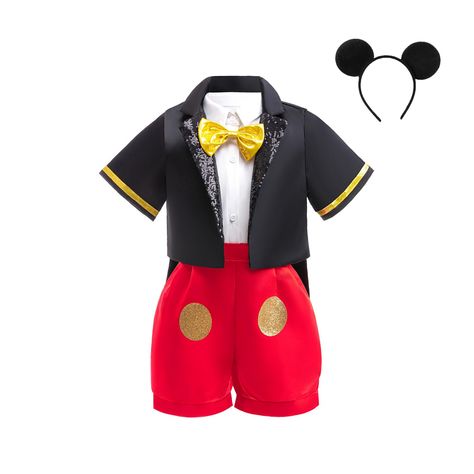 PRICES MAY VARY. 【4PCS Short-sleeved tuxedo Set 】 Boys 2T-10 years old fashion Mouse cosplay set, Kids Gentleman tuxedo set, Birthday Mouse set, Halloween dress up costume set includes: black short-sleeved tuxedo coat + white shirt with bow tie + halter shorts + Mouse ear headband. mickey outfits for boys mouse costume; 【Smart bow Tie slim-fit】Short sleeve lapel jacket with gold trim in black, kids' version of evening dress, white shirt neckline with gold cute bow tie, red suspenders with classic polka dot design. mickey shorts costume for boy, mouse costume for toddler, 4-piece Baby Toddler Boys Mouse costume. 【Perfect fabric and design】: With soft, breathable polyester on the outside and pure cotton lining, it's comfortable to wear, and the short design is just right for a night of cospl Mickey Mouse Group Costume, Mickey Mouse Costume Toddler, Toddler Mickey Mouse Costume, Twoodles Birthday Party Boy, Mickey Mouse Toddler Costume, Suit Costume Halloween, Mouse Cosplay, Mickey Shorts, Pretend Play Costumes