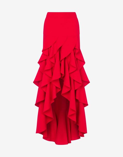 Add a touch of elegance to your wardrobe with our Crepe Skirt with Ruffles. This stylish skirt features a flowy crepe fabric and playful ruffle detailing, making it perfect for both casual and dressy occasions. Embrace a flattering silhouette and timeless design with this versatile piece. Shop now to elevate your fashion game with chic sophistication! Red skirt. Long red skirt. Red Long Skirt, Red Maxi Skirt, Asymmetric Skirt, Crepe Skirts, Pin Up Outfits, Stylish Skirts, Red Maxi, City Dress, Asymmetrical Skirt