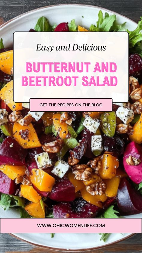 BUTTERNUT AND BEETROOT SALAD Salad With Roasted Butternut Squash, Roasted Salad, Butternut Squash Recipe, Fall Veggies, Cool Autumn, Beetroot Salad, Red Onion Salad, Squash Recipe, Butternut Squash Recipes