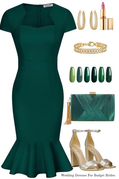 Green wedding guest dress, green summer dress, green midi dress, gold heels, green clutch Green Dress And Accessories, Dress And Accessories, Green Dresses, Church Outfits, Wedding Guest Dress Summer, Guest Outfit, Outfit Idea, Wedding Guest Outfit, Guest Dresses