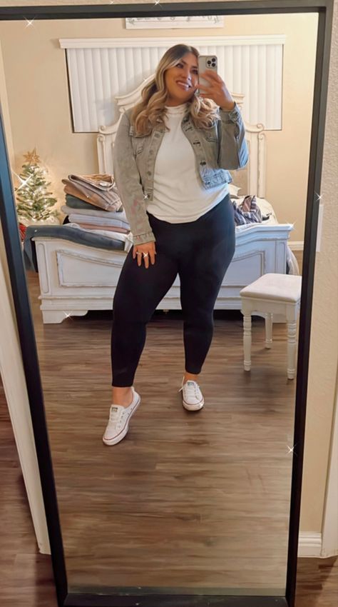 Plus Nike Outfit, Outfit Ideas With Gray Leggings, Hi Top Converse Outfit Plus Size, Plus Jean Jacket Outfits, Fall Outfit Ideas Plus Size Casual, Plus Mom Jeans Outfit, Plus Size Casual Outfits For Work, Plus Size Fall Outfits Casual Comfy, Plus Size Outfits Leggings