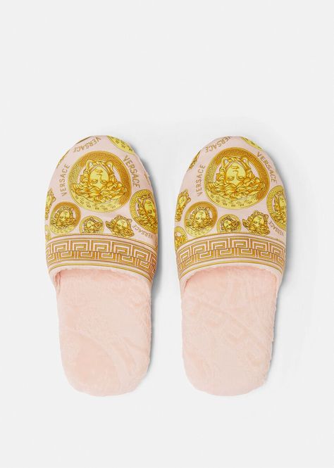 Versace House, Versace Slippers, Linen Slippers, Versace Pink, Pink Slides, Versace Designer, Versace Logo, Versace Shoes, Printed Flats