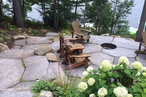 Muskoka Landscaping, Homestead Urban, Cottage Landscaping, Lake Landscaping, Cottage Landscape, Sunken Fire Pits, Pergola Pictures, Fire Pit Landscaping, Cottage Ideas