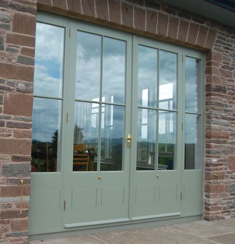 Additional glazed products | Sash Restoration Co. External Crittal Doors, Sage French Doors, Green French Doors Patio, Extension Doors, Kitchen No Windows Ideas, 1950s Windows, Green French Doors, Victorian French Doors, French Patio Doors