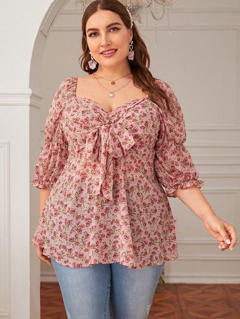 Fashion Tops Blouse Plus Size, Blouse Plus Size, Fashion Tops Blouse, Trendy Fashion Tops, Curvy Girl Fashion, Floral Print Blouses, Sweetheart Neck, Print Blouse, Plus Size Blouses