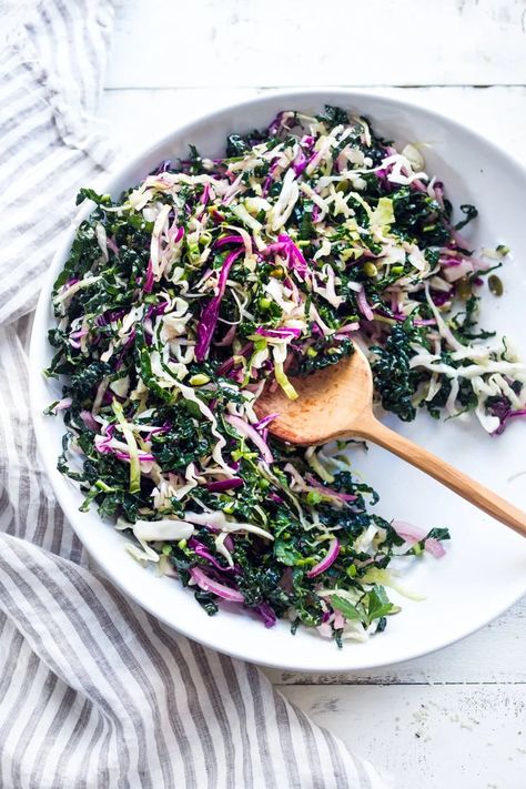 Lemony Kale Slaw Recipe | Feasting At Home Kale Slaw, Pizza Vegan, Salad Kale, Make Ahead Salads, Buddha Bowls, Dark Leafy Greens, Vegan And Gluten Free, Recipe Board, Healthy Salad