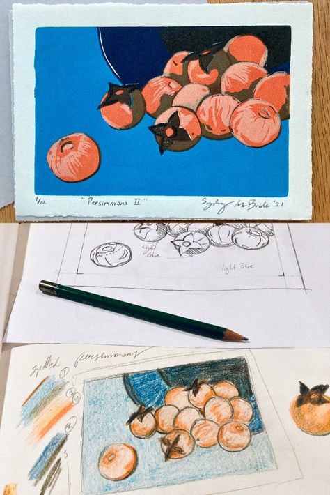 Reduction Print, Scene Drawing, Sketchbook Inspo, Printmaking Art, Color Inspo, Process Art, Blue And Orange, Persimmon, Linocut Prints